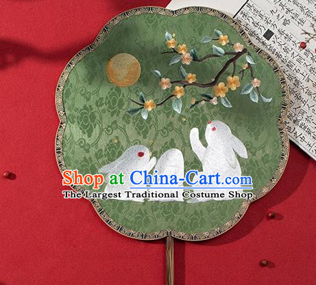 China Ancient Noble Lady Palace Fan Traditional Hanfu Green Silk Fans Embroidered Rabbit Fan