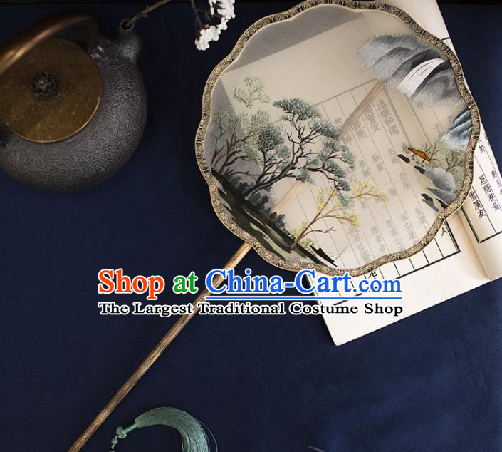 China Traditional Palace Fan Handmade Suzhou Embroidered Landscape Silk Fans Hanfu Mottled Bamboo Circular Fan