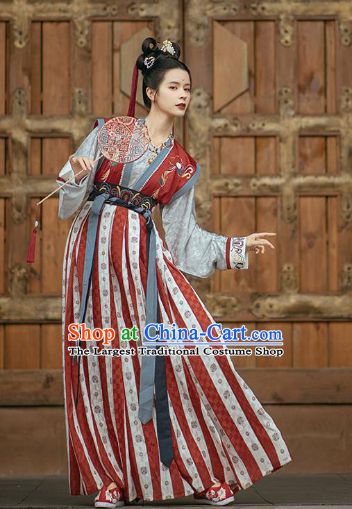 Traditional China Ancient Palace Lady Embroidered Red Hanfu Dress Tang Dynasty Young Beauty Historical Clothing