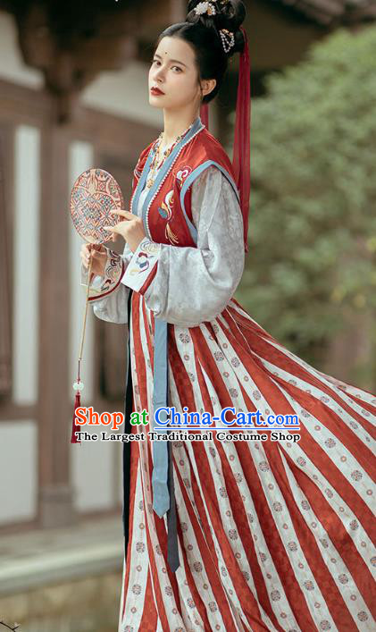 Traditional China Ancient Palace Lady Embroidered Red Hanfu Dress Tang Dynasty Young Beauty Historical Clothing