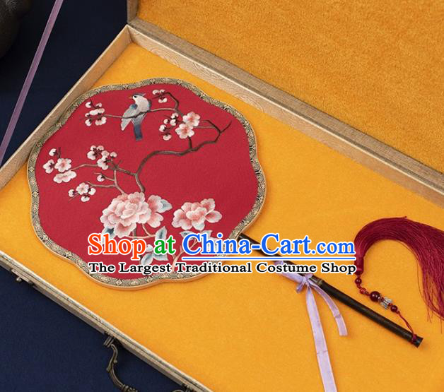 China Embroidered Plum Peony Palace Fan Handmade Mottled Bamboo Fan Traditional Wedding Red Silk Fan