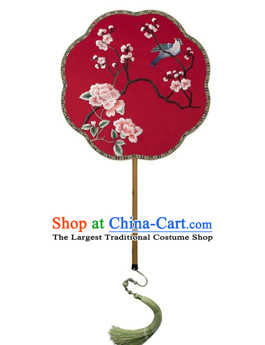 China Embroidered Plum Peony Palace Fan Handmade Mottled Bamboo Fan Traditional Wedding Red Silk Fan