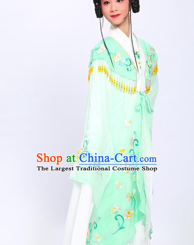 China Traditional Peking Opera Hua Tan Green Embroidered Dress Clothing Huangmei Opera Young Beauty Garment Costumes and Headpieces