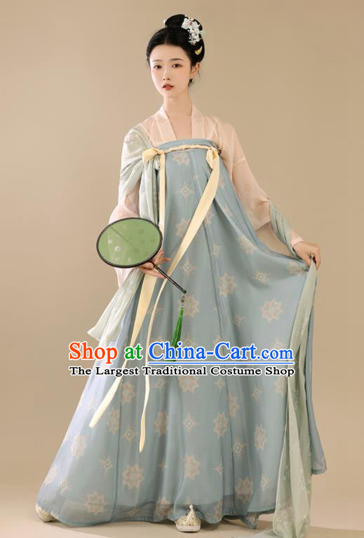 Chinese Traditional Tang Dynasty Young Lady Garment Costumes Ancient Hanfu Clothing Blue Qixiong Ruqun Hanfu Dress
