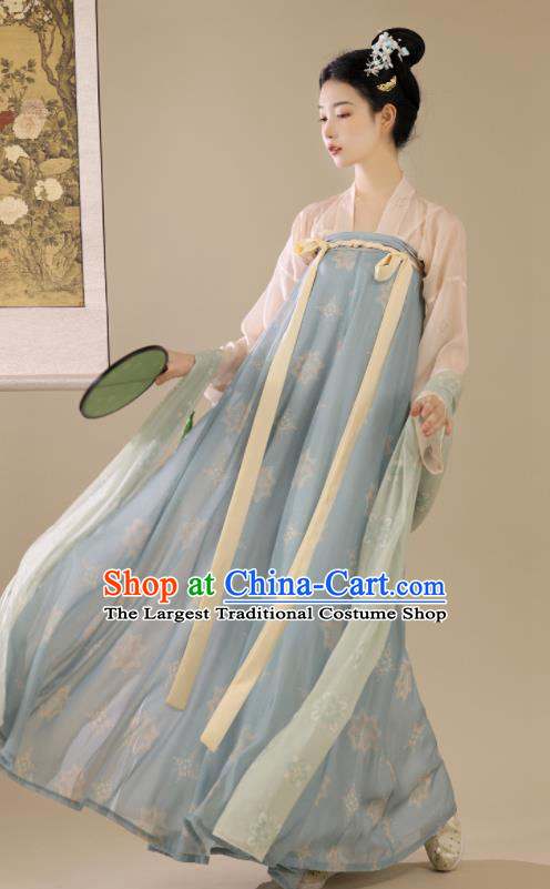 Chinese Traditional Tang Dynasty Young Lady Garment Costumes Ancient Hanfu Clothing Blue Qixiong Ruqun Hanfu Dress