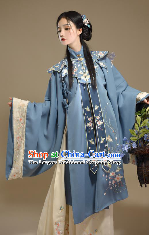 Chinese Ming Dynasty Beauty Garment Costumes Ancient Princess Hanfu Clothing Traditional Blue Gown and Skirt Complete Set