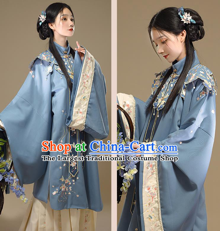 Chinese Ming Dynasty Beauty Garment Costumes Ancient Princess Hanfu Clothing Traditional Blue Gown and Skirt Complete Set