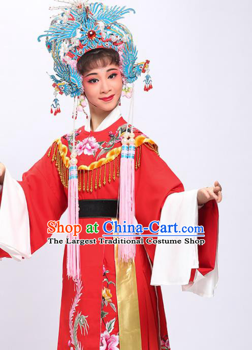 China Shaoxing Opera Bride Garment Costumes Traditional Yue Opera Princess Wedding Red Dress Clothing and Phoenix Crown