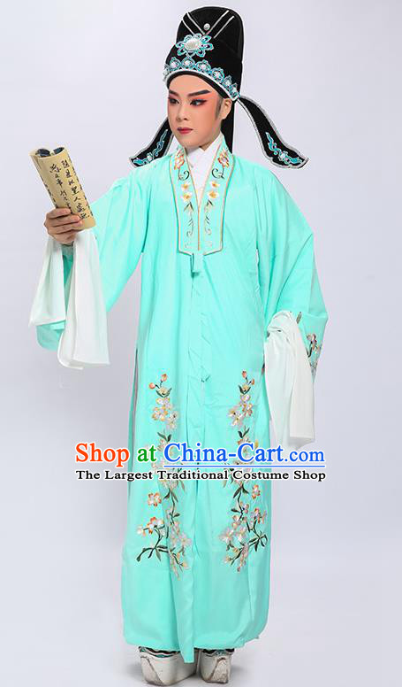 Chinese Traditional Shaoxing Opera Xiaosheng Green Cape Yue Opera Scholar Embroidered Green Overcoat and Hat
