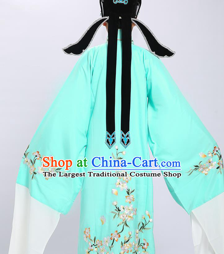 Chinese Traditional Shaoxing Opera Xiaosheng Green Cape Yue Opera Scholar Embroidered Green Cloak and Hat