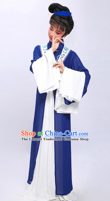 China Traditional Huangmei Opera Meng Jiang Nv Garment Costumes Shaoxing Opera Young Woman Blue Dress Clothing and Headsress