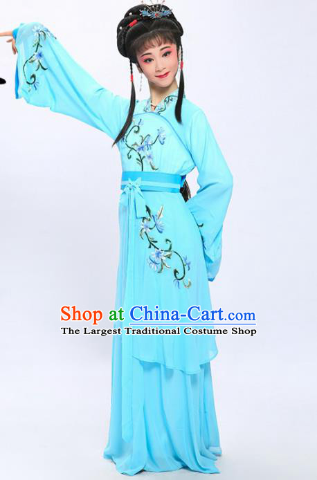 China Shaoxing Opera Xiaodan Embroidered Blue Dress Clothing Traditional Yue Opera Palace Lady Garment Costumes