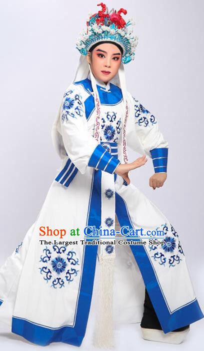 Chinese Yue Opera General White Robe Clothing Traditional Shaoxing Opera Martial Arts Male Garment Costumes and Hat