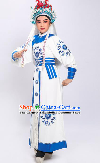 Chinese Yue Opera General White Robe Clothing Traditional Shaoxing Opera Martial Arts Male Garment Costumes and Hat