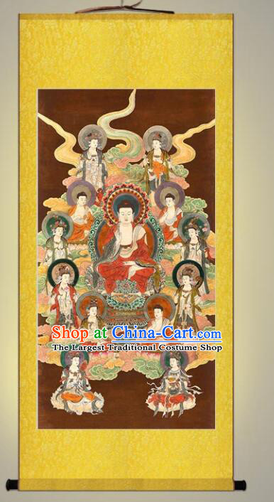 Chinese Traditional Buddhism Painting Silk Fabric Buddha Figure Hand Painting Shakyamuni Scroll Picture Artwork