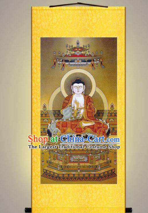 Chinese Traditional Buddhism Painting Silk Fabric Buddha Figure Picture Hand Painting Shakyamuni Scroll Artwork