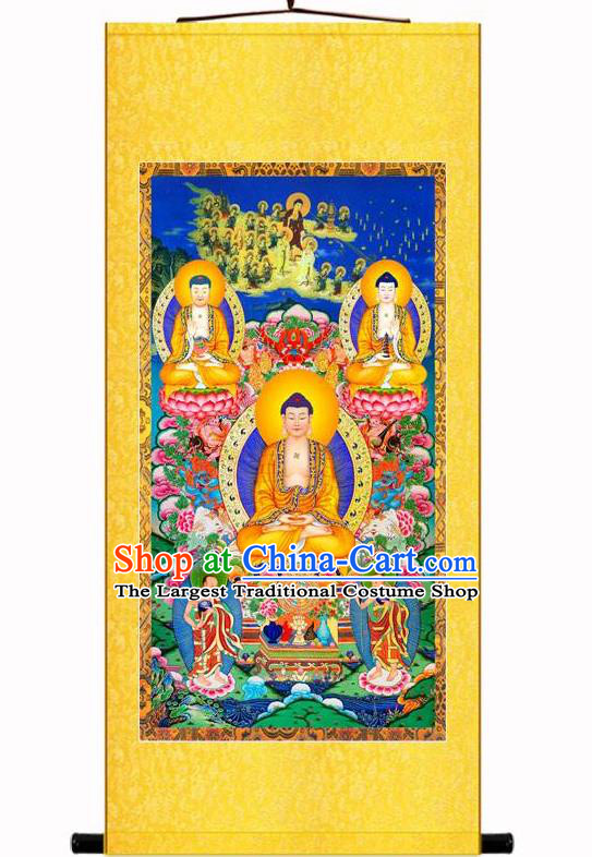 Chinese Silk Fabric Buddha Figure Picture Hand Painting Shakyamuni Scroll Artwork Traditional Buddhism Painting