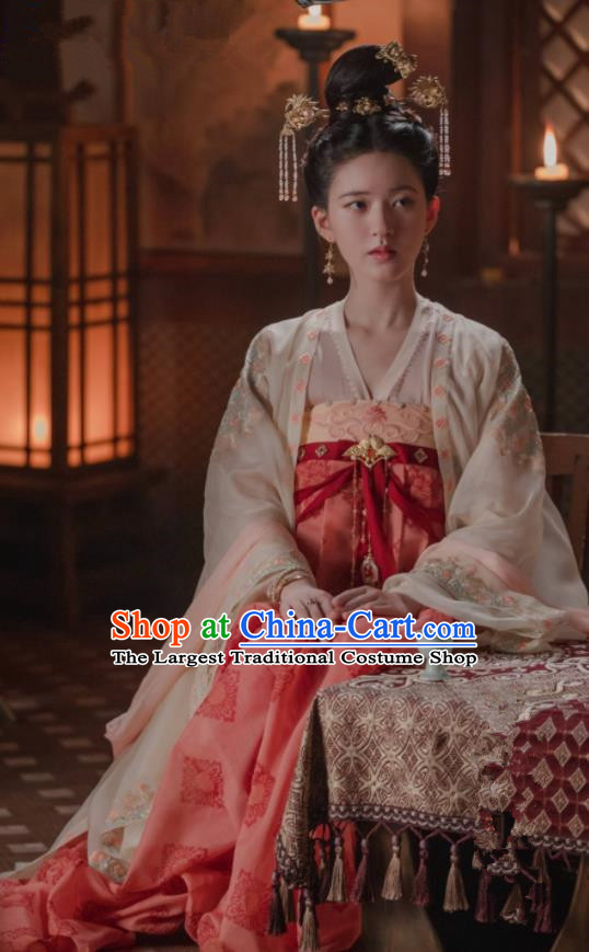 Chinese Drama The Long Ballad Li Le Yan Clothing Tang Dynasty Princess Garment Costumes Traditional Red Hanfu Ruqun Dress and Headdress