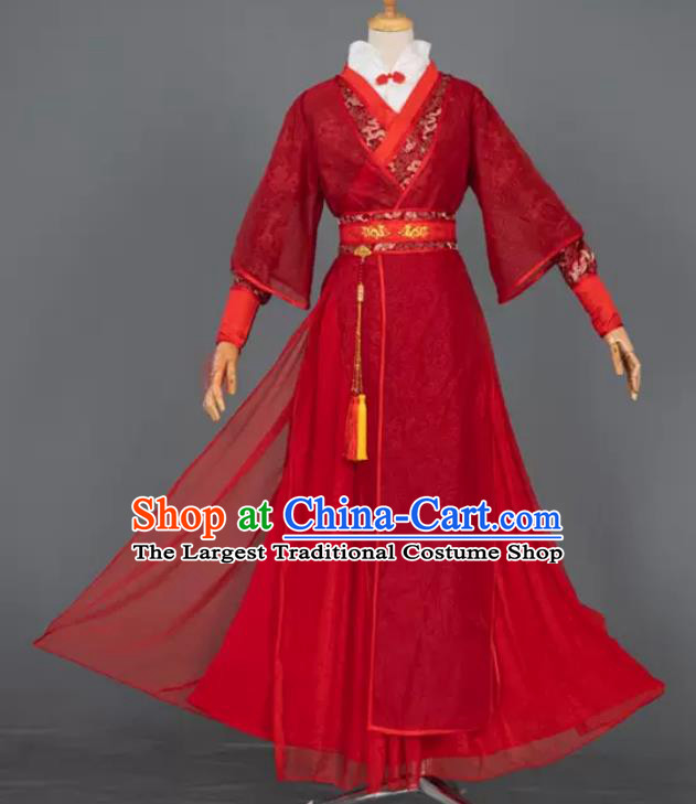 China Cosplay Swordsman Red Apparels Ancient Prince Garment Costumes Traditional Wedding Hanfu Clothing