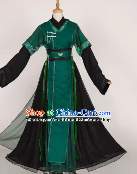 China Ancient Prince Garment Costumes Traditional Hanfu Clothing Cosplay Swordsman Qi Rong Deep Green Apparels