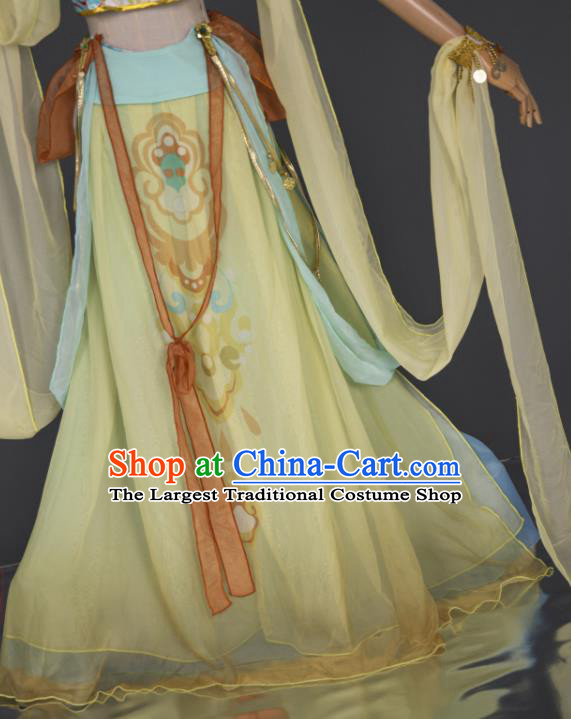 China Traditional Hanfu Dance Yellow Chiffon Apparels Ancient Fairy Clothing Cosplay Goddess Garment Costumes