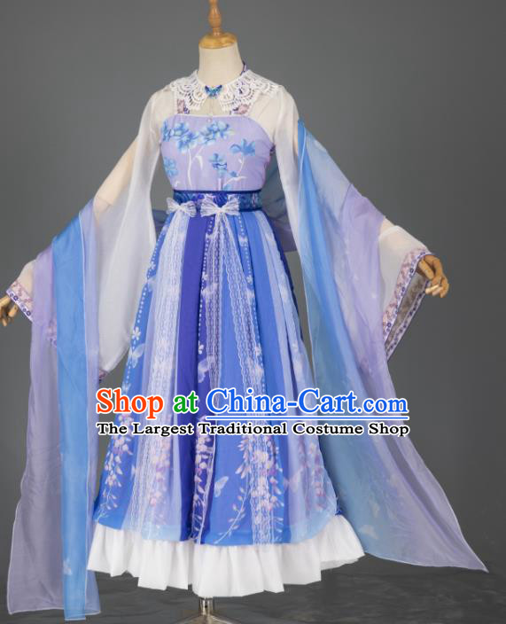 China Traditional Hanfu Fairy Apparels Ancient Princess Blue Wisteria Dress Clothing Cosplay Goddess Garment Costumes
