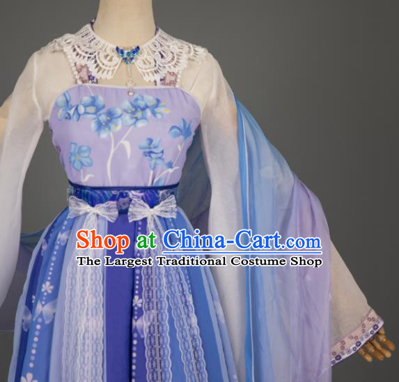 China Traditional Hanfu Fairy Apparels Ancient Princess Blue Wisteria Dress Clothing Cosplay Goddess Garment Costumes