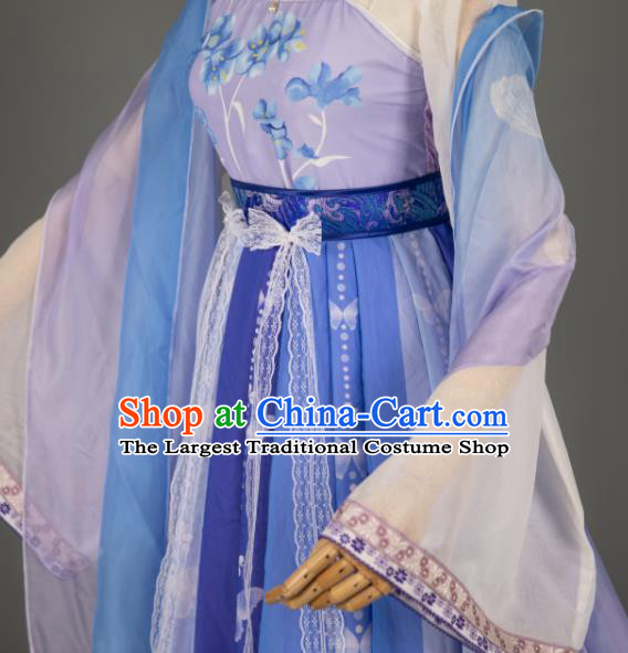 China Traditional Hanfu Fairy Apparels Ancient Princess Blue Wisteria Dress Clothing Cosplay Goddess Garment Costumes