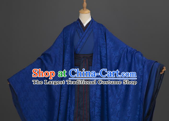 China Cosplay Prince Garment Costumes Traditional Hanfu Apparels Ancient Young Childe Deep Blue Clothing