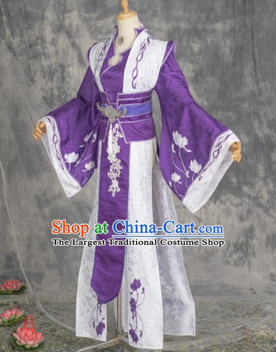 China Traditional Xian Xia Hanfu Dress Apparels Ancient Swordswoman Purple Clothing Cosplay Taoist Nun Garment Costumes