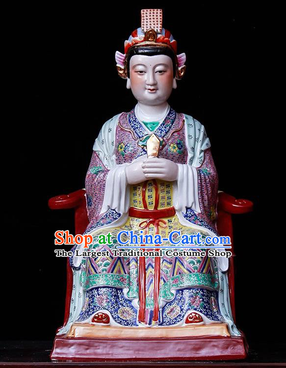 Handmade Shi Wan Porcelain Figurine Craft Goddess Ma Zu Statue Colorful Ceramics Heaven Queen Statue