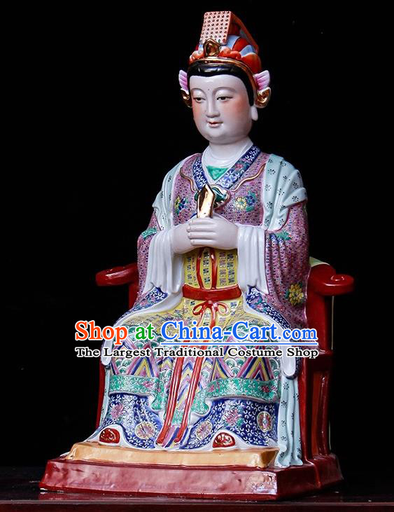Handmade Shi Wan Porcelain Figurine Craft Goddess Ma Zu Statue Colorful Ceramics Heaven Queen Statue