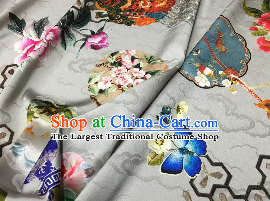 Asian Chinese Classical Dragon Peony Pattern White Brocade Satin Drapery Traditional Cheongsam Brocade Silk Fabric