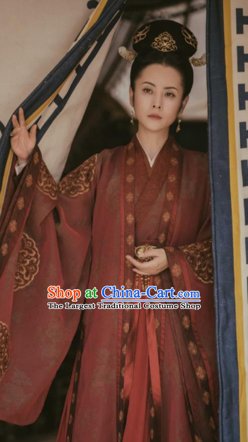 Chinese Drama The Long Ballad Empress Clothing Ancient Queen Garment Costumes Traditional Rust Red Hanfu Dress and Headpieces