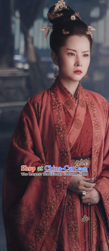 Chinese Drama The Long Ballad Empress Clothing Ancient Queen Garment Costumes Traditional Rust Red Hanfu Dress and Headpieces