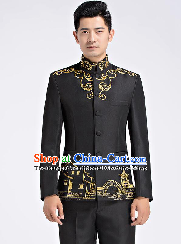 Chinese Traditional Wedding Suits Tang Zhuang Zhongshan Costumes Groom Black Clothing