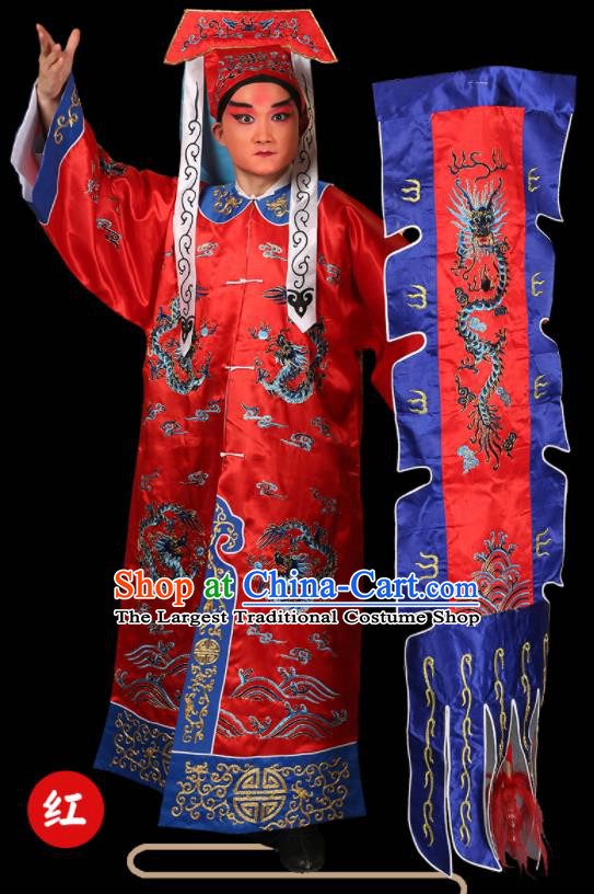 China Peking Opera Wusheng Red Garment Outfits Traditional Opera Martial Arts Men Clothing Beijing Opera Soldier Costume and Hat