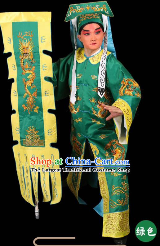 China Beijing Opera Soldier Costume Peking Opera Wusheng Green Garment Outfits Traditional Opera Martial Arts Men Clothing and Hat