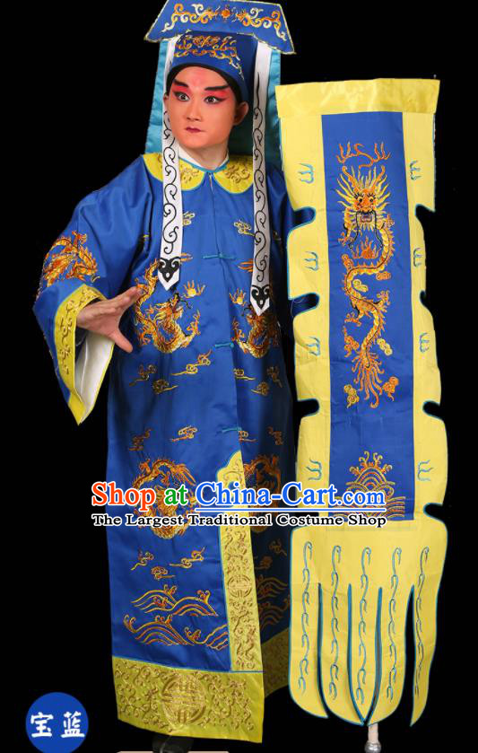 China Traditional Opera Soldier Clothing Beijing Opera Swordsman Costume Peking Opera Wusheng Blue Garments and Headdress