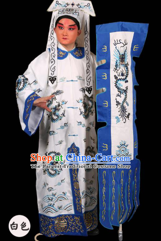 China Beijing Opera Swordsman Costume Peking Opera Wusheng White Garments Traditional Opera Soldier Clothing and Hat