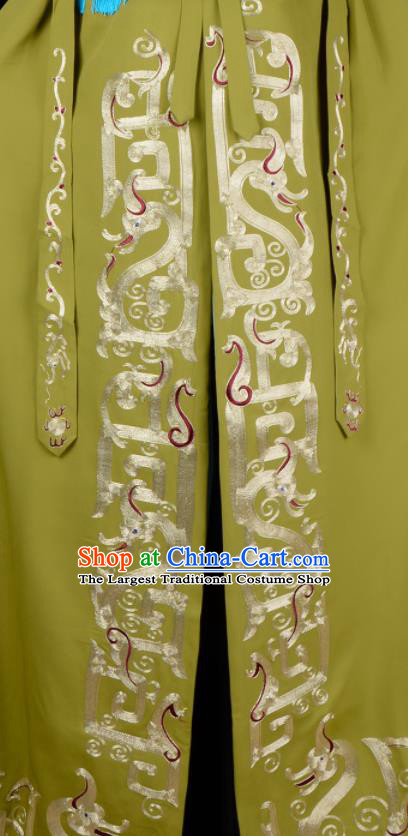 China Traditional Opera Embroidered Olive Green Cape Clothing Beijing Opera Lao Dan Costume Peking Opera Pantaloon Mantle Garment