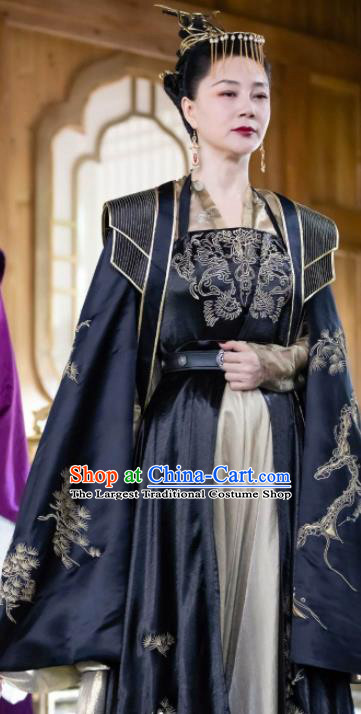 China Traditional Navy Hanfu Dress Drama The Romance of Tiger and Rose Clothing Ancient Queen Garment Costumes and Headdress
