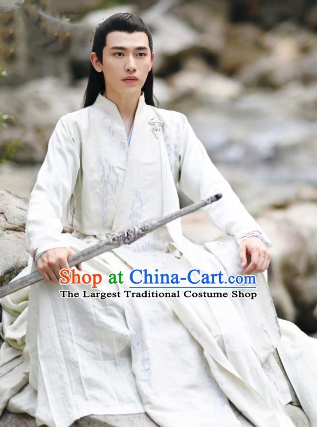 China Romance Drama The Blessed Girl Yin Xiao Costumes Traditional Noble Childe Clothing Ancient Swordsman White Garments and Headpieces