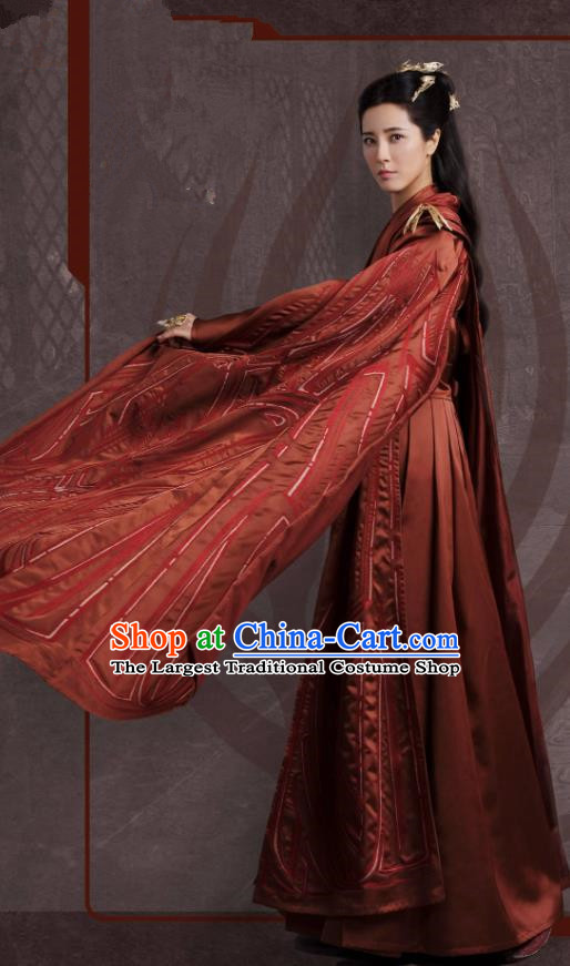 China Ancient Swordswoman Rust Red Garments Romance Drama The Blessed Girl Fei Tian Costumes Traditional Female General Clothing Complete Set