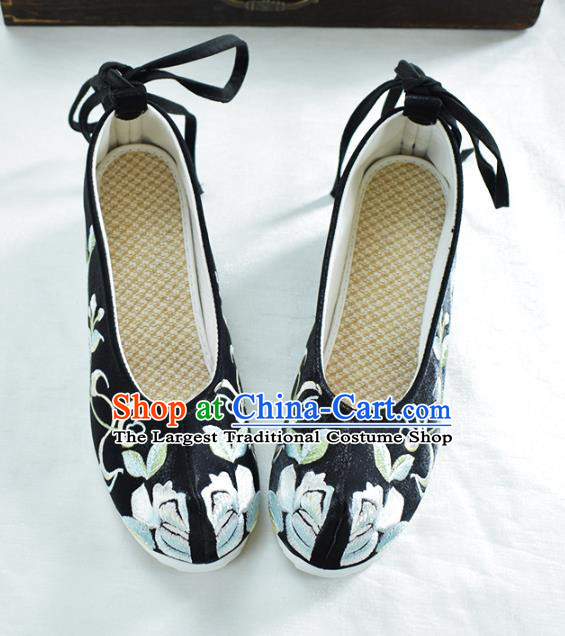 China Embroidered Black Shoes Traditional Hanfu Bow Shoes National Wedding Cloth Shoes