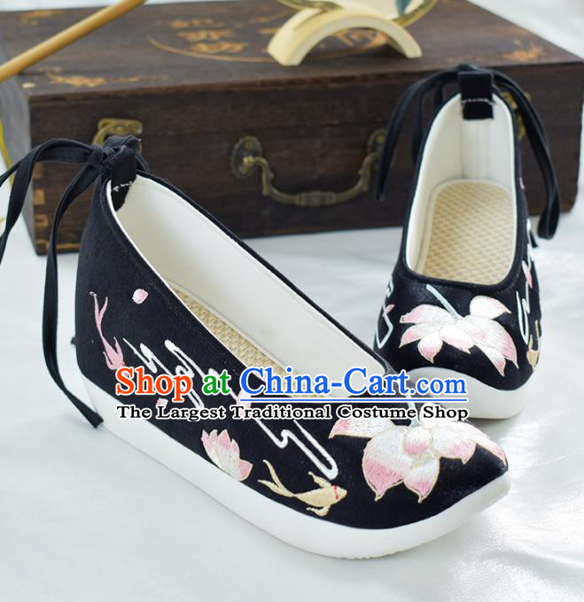 China Traditional Embroidered Lotus Shoes Women Black Cloth Shoes National Dance Shoes