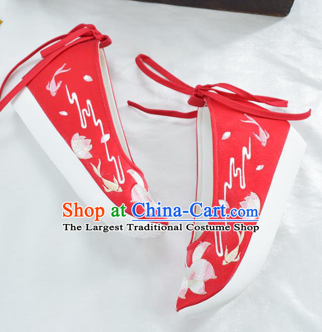 China Women Red Cloth Shoes National Dance Shoes Traditional Embroidered Lotus Shoes