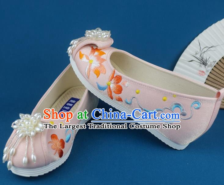 China Traditional Wedding Pink Cloth Shoes Pearls Tassel Shoes Embroidered Shoes