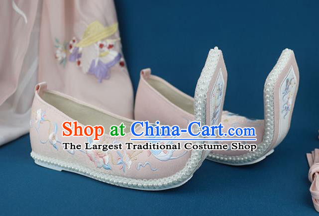 China Traditional Song Dynasty Shoes Handmade Pink Cloth Shoes Ancient Princess Embroidered Shoes