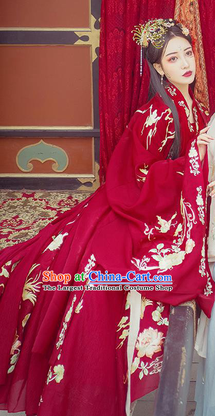 China Ancient Palace Lady Red Hanfu Dress Traditional Jin Dynasty Wedding Historical Costumes Embroidered Clothing Complete Set